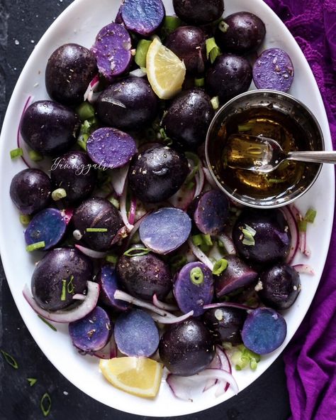 Purple Potato Salad — Purple Potato Salad, Purple Potato Recipes, 7 Course Meal, Greek Style Potatoes, Picnic Snacks, New Potatoes, Purple Potatoes, Halloween Party Dinner, Veggie Side Dishes