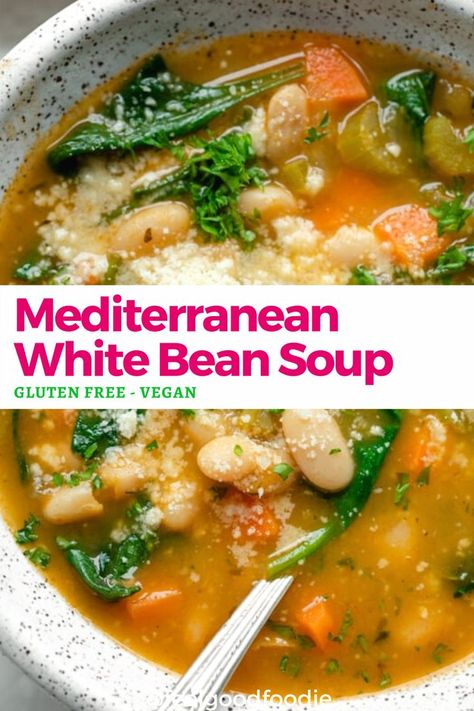 White Bean Soup Vegan, Mediterranean Soup Recipes, Bean Soup Vegan, Soup For Lunch, Vegan Mediterranean, Mediterranean Recipes Healthy, White Bean Soup Recipes, Mediterranean Diet Recipes Dinners, Vegetarian Soup Recipes