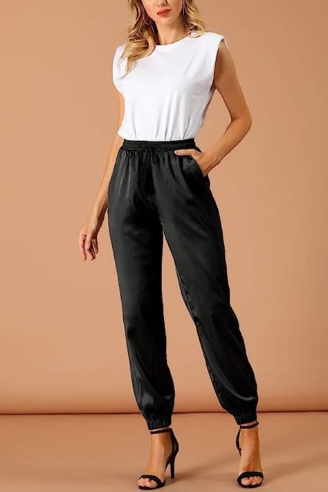 Silky Jogger Pants Outfit, Black Drawstring Pants Outfit, Black Satin Joggers Outfit, Black Joggers Outfit Dressy, Black Jogger Pants Outfit, Black Satin Pants Outfit, Satin Joggers Outfit, Satin Pants Outfit, Black Joggers Outfit