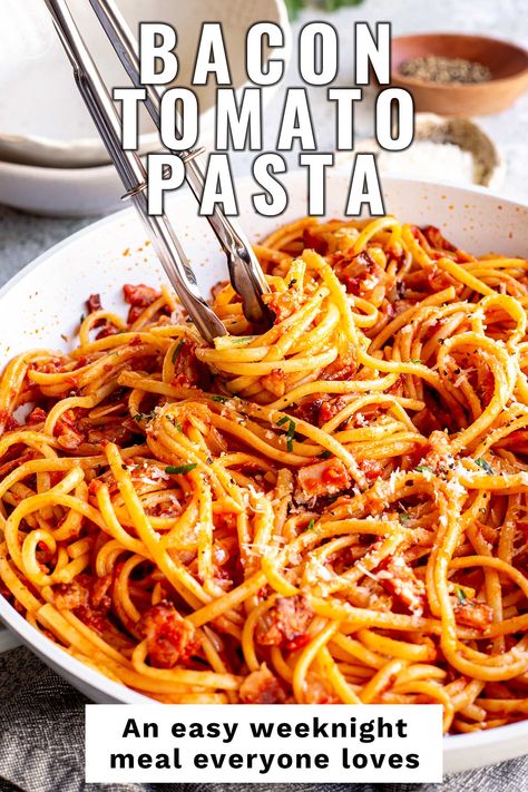 Bacon Tomato Spaghetti, Bacon Red Sauce Pasta, Creamy Tomato Bacon Pasta, Easy Bacon Pasta Recipes, Bacon Sundried Tomato Pasta, Pasta Sauce With Bacon, Bacon Noodles Recipe, Bacon Pasta Recipes Simple, Bacon And Tomato Recipes