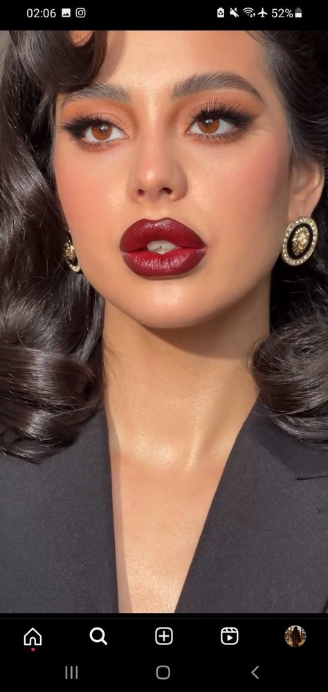 Red Lip Green Dress, Makeup For Red Wine Dress, Wine Dress Makeup Look, Plum Lipstick Makeup Look, Wine Red Makeup Look, Olive Tone Makeup, Wine Lipstick Makeup, Wine Dress Makeup, Plum Lipstick Makeup