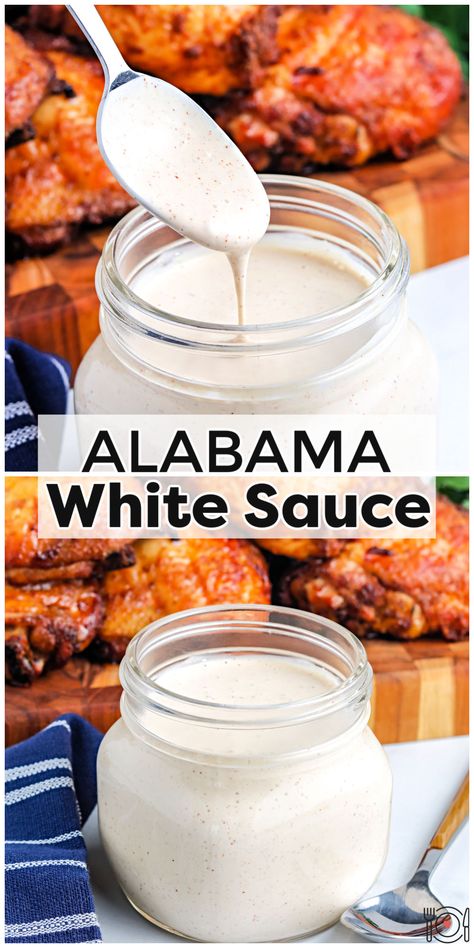 Alabama White Sauce is a tangy sauce that’s perfect on chicken. It’s made with a handful of ingredients that you probably have in in your kitchen right now! via @foodfolksandfun Easy White Sauce, White Sauce Recipe, Easy Bbq Recipes, Alabama White Sauce, White Bbq Sauce, Dipping Sauces For Chicken, Wing Sauce Recipes, Chicken Wing Sauces, White Sauce Recipes