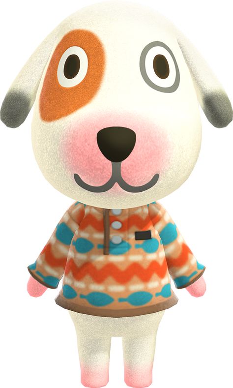 Bones is a lazy dog villager in the Animal Crossing series. He has appeared in nearly every game up to date, with the exception of Animal Crossing: Pocket Camp. His name is derived from bones, a popular treat for dogs, and possibly from the term "Lazy Bones." His catchphrase is probably from the noise dogs make. Lazy Animals, Animal Crossing Wiki, Happy Home Designer, Animal Crossing Characters, Animal Crossing Villagers, Real Dog, Black And White Dog, Animal Crossing Pocket Camp, Popular Toys