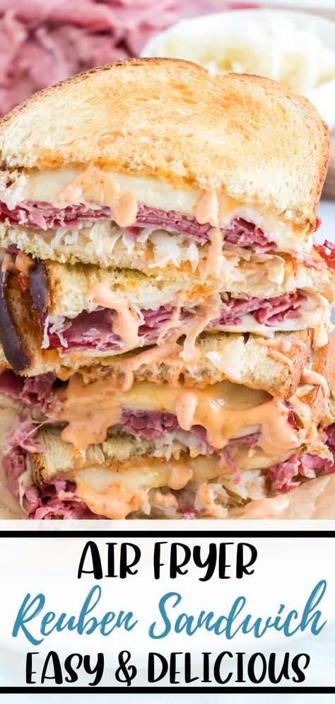 Making this Reuben Sandwich Recipe in your Air Fryer leaves the bread crispy and delicious. Filled with corned beef, swiss cheese, Thousand Island dressing, and sauerkraut you can’t rest going back for another taste. Reuben Sandwich Recipe, Sandwich Easy, Best Sandwich Recipes, Reuben Sandwich, Air Fried Food, Air Fryer Oven Recipes, Air Fry Recipes, Best Air Fryers, Air Fryer Dinner Recipes