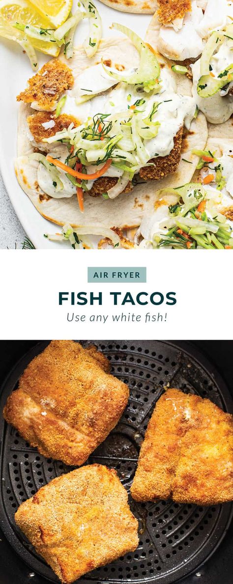 Air Fryer Fish Tacos - Fit Foodie Finds Cod Fish Tacos Air Fryer, Tacos Air Fryer, Air Fryer Fish Tacos, Seafood Extravaganza, Cod Fish Tacos, Homemade Slaw, Overnight Oatmeal Recipes, Air Fryer Fish, Fit Foodie Finds