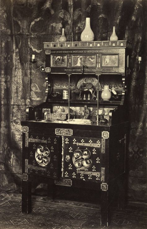 Narcissus Washstand, as seen c.1885 at Tower House. "No31 The face of this cistern has a series of paintings of the story of Narcissus-which has replaced the pictures shown in the photographs-with the following inscription "This is the mirror perillus in which the proude Narcissus sey all this faire face bright"The basin is marble, inlaid with silver fishes. Chinese bronzes and animals form handles, water taps..." "The House of William Burges" ed RP Pullan (np, 1886) 12. William Burges, Series Of Paintings, Chinese Bronze, Tower House, Aesthetic Movement, Gothic Decor, Water Tap, Picture Show, The Face