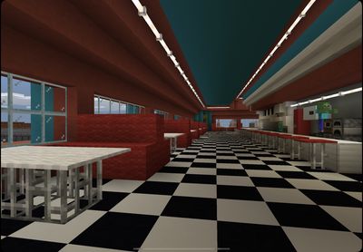 Minecraft Park Build, Minecraft Diner Interior, Minecraft American Town, Minecraft Fancy Restaurant, Diner Minecraft, Minecraft Restaurant Interior, Minecraft Diner, Minecraft Movie Theater, Minecraft Restaurant Ideas