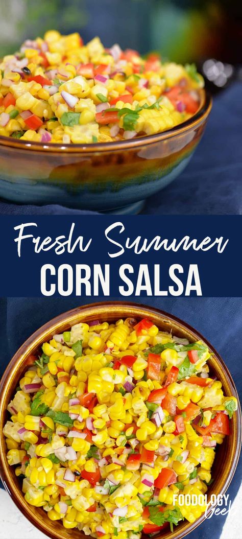 Learn how to make a delicious corn salsa recipe that's great for parties and potlucks. The fresh, summery flavors will make you want more! Sweet Corn Salsa Recipe, Mexican Corn Salsa, Roasted Corn Salsa Recipe, Corn Relish Dip, Corn Relish Recipes, Easy Corn Salsa, Meat Tacos, Sweet Corn Salsa, Fresh Corn Salsa