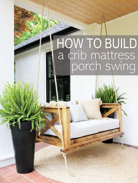 Crib Mattress Porch Swing, Diy Crib Mattress, Diy Porch Swing Bed, Bed Swings, Bed Tutorial, Porch Swing Plans, Porch Bed, Diy Porch Swing, Front Porch Swing