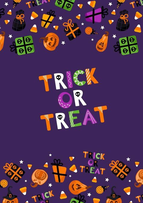 Happy Halloween. Trick or treat. Bright vector illustration. Jack o lantern, witch hat, cat, lollipops, gifts with skulls, stars and candy corn. For banner, flyer, posters, postcards, design elements. Jack O Lantern Witch, Postcards Design, Star Lollipops, Candy Poster, Halloween Trick Or Treat, Jack O, Witch Hat, Candy Corn, Jack O Lantern