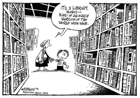 Library - an early version of the world wide web / a classic 1996 #library #cartoon by Ed Stein Library Humor, Library Media Specialist, Library Media Center, Library Skills, Information Literacy, Teacher Librarian, Elementary Library, Media Literacy, School Librarian