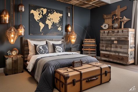 "Bedroom Design" #bedroomideas #retrointeriors #creativeinterior #mahdiseño #interiorarchitect #uniquebedroom Traveler Room Decor, Indiana Jones Bedroom, Nautical Bedroom Ideas, Ocean Academia, Dark Academia Bedroom Ideas, Travel Room Decor, Travel Themed Bedroom, Academia Bedroom, Bedrooms For Couples