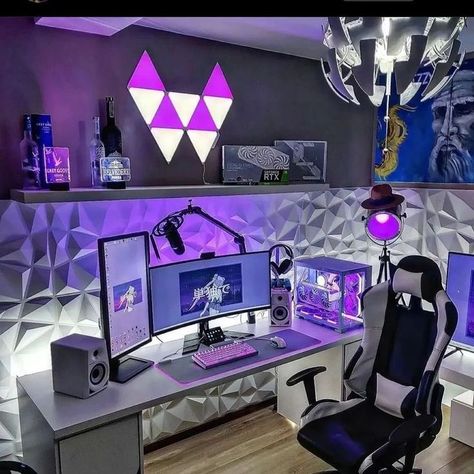 cool gaming setup Games Room Inspiration, Small Game Rooms, Gaming Desk Setup, Best Gaming Setup, Computer Gaming Room, Computer Desk Setup, Gamer Room Decor, Video Game Room Design, Video Game Rooms