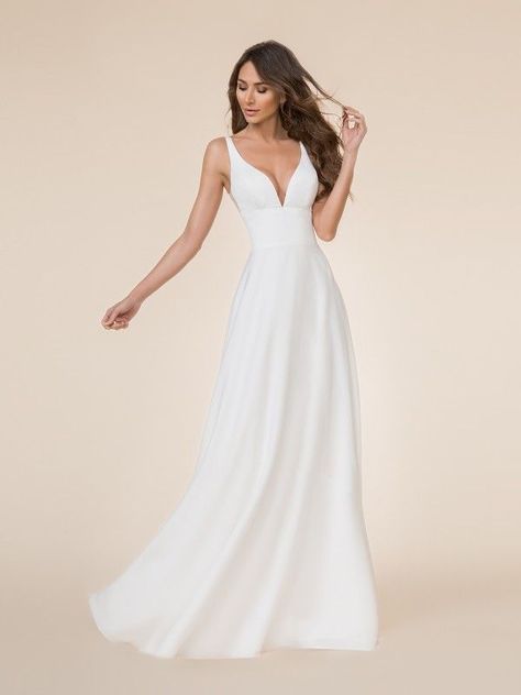 Moonlight Tango T864 is the perfect blend of sweet and sexy with its deep v-neck that plunges down to a wide natural waist, and a beautiful a-line skirt. This dress is perfect for a bride that wants simple and chic for her big day.  #weddingdresses #alineweddinggown #vneckweddingdress #sexybride Moonlight Wedding Dress, Moonlight Bridal, Summer Wedding Dress Beach, Crepe Wedding Dress, A Line Bridal Gowns, Simple Gowns, Dress Gallery, Blush Bridal, V Neck Wedding Dress