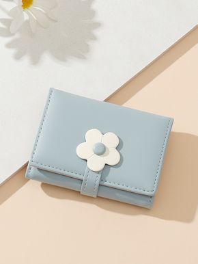 Baby Blue Preppy Collar PU Leather Floral Small Wallet Embellished Women Bags Aesthetic Wallets For Women, Shein Wallet, Wallets For Women Aesthetic, Mini Wallets For Women, Cute Wallets For Women, Small Wallets For Women, Wallets For Girls, Blue Preppy, Cute Wallet