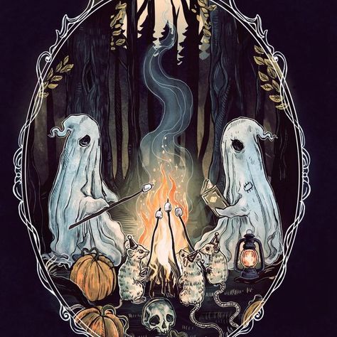 Spooky Smores, Campfire Illustration, Ghost Drawing, Forest Drawing, Cottagecore Art, The Black Forest, Halloween Gothic, Halloween Illustration, Gothic Art