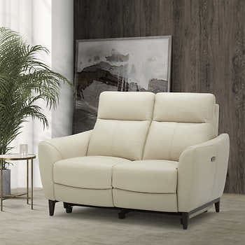 Crosslin Leather Power Reclining Sofa with Power Headrests | Costco White Leather Couch, Sitting Room Interior Design, Cream Leather Sofa, Power Reclining Sectional Sofa, Leather Couches Living Room, Loveseat Recliners, Recliner Chair Covers, Loveseat Living Room, Sofa Ideas