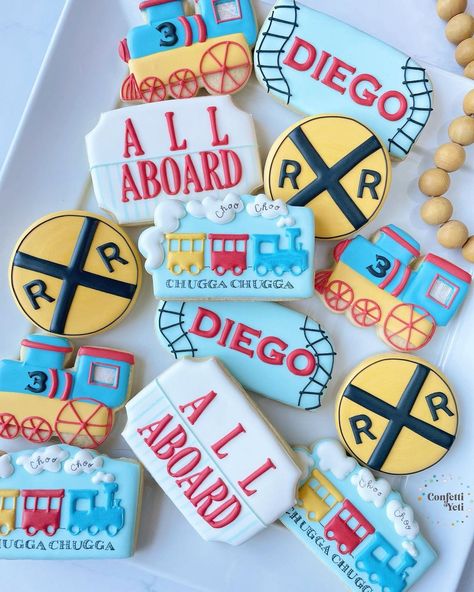 🚂Choo Choo, coming through 🚂 For the hours parents spend making train tracks for their kiddos, I salute you🙌 #decoratedcookies… | Instagram Train Theme Cookies, Train Birthday Cookies, Choo Choo Im Two, Aunt Stuff, Train Cupcakes, Train Theme Birthday Party, Train Cookies, Train Birthday Cake, I Salute You