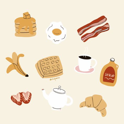 Breakfast Illustration Cute, Breakfast Food Illustration, Brunch Illustration Design, Pancakes Drawing, Brunch Illustration, Illustration Breakfast, Foodie Illustration, Breakfast Illustration, Pizzeria Design