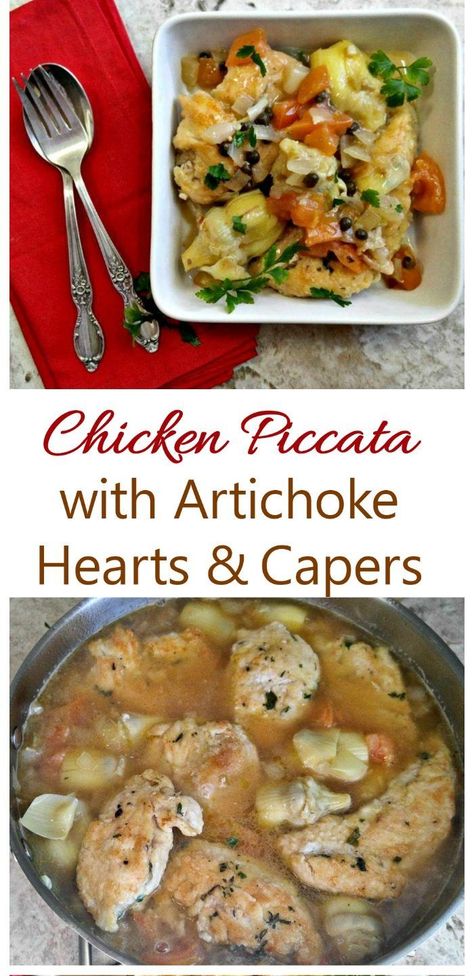 This recipe for chicken piccata with artichoke hearts has a tangy white wine sauce flavored with capers and tomatoes. I've included gluten free adaptations for the recipe too. Chicken Piccata With Artichokes Recipe, Recipe For Chicken Piccata, Chicken Piccata With Capers, Chicken Piccata Recipe, Chicken Recipies, Artichoke Chicken, Recipe For Chicken, Homes Exterior, Artichoke Recipes