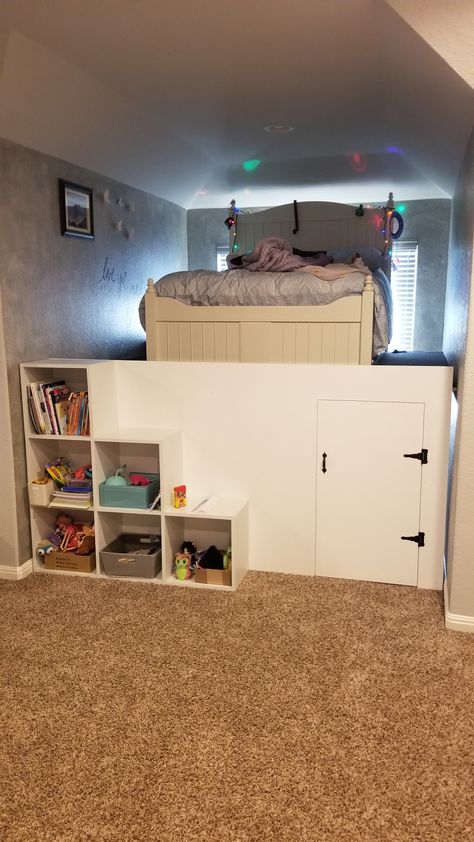 Storage Platform Bed Diy, Lifted Bed With Storage Underneath, Bed With Secret Room Underneath, Beds With A Secret Room Under, Bed With Crawl Space Underneath, Platform Bed With Hideout Underneath, Lifted Bed Ideas, Platform Bed With Stairs, Lifted Bed With Storage