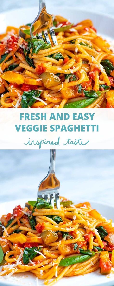 Fresh Veggie Pasta Recipe // Think of this as a versatile vegetarian pasta recipe that works wonders with a variety of vegetables so you can use whatever you have in the fridge. Easy Vegetable Pasta, Veggie Pasta Recipes, Vegetable Pasta Recipes, Veggie Spaghetti, Simple Tomato Sauce, Pasta Calories, Spagetti Recipe, Vegetarian Spaghetti, Nutritional Yeast Recipes