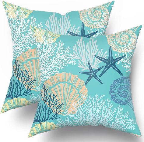 Ocean Coral Pillow Covers 18x18 Inch Nautical Coastal Throw Pillows Set of 2 Beach Seashell Starfish Pillow Case Soft Cotton Square Cushion Covers for Home Couch Sofa Patio Bedroom, Green Coastal Pillow Covers, Coral Pillow, Coral Throw Pillows, Starfish Pillow, Nautical Throw Pillows, Coastal Throw Pillows, Coral Pillows, Ocean Coral, Green Throw Pillow