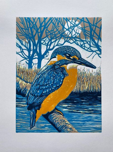 Linocutting|carving|printing|making|art | My latest effort - Kingfisher | Facebook Kingfisher Illustration, Reduction Print, King Fisher, Journey Art, Block Printing, Kingfisher, Bird Art, Linocut, Printmaking