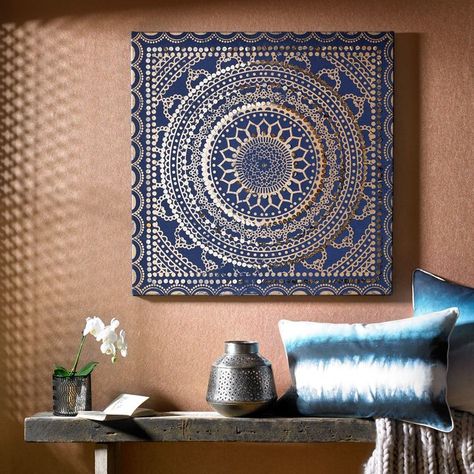 Graham & Brown Blue Embellished Ink Fabric Wall Art Copper Wallpaper, Moroccan Fabric, Lippan Art, Bathroom Decor Apartment, Fabric Wall Art, Brown Wall Art, Fabric Canvas, Mandala Design Art, Square Canvas