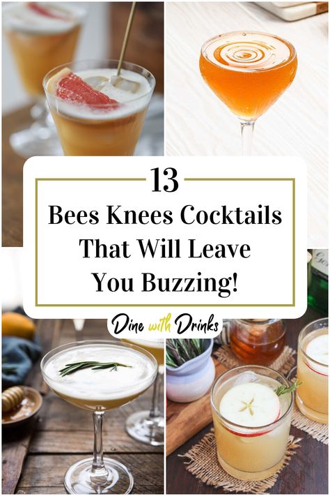 Collage of 4 bees knees cocktails. Bourbon Bees Knees Cocktail, Honey Liquor Cocktails, Bee Knees Cocktail, The Bees Knees Cocktail, Bees Knees Cocktail Recipe, Bees Knees Drink, Bees Knees Cocktail, Adult Beverages Recipes, Drinks Smoothies