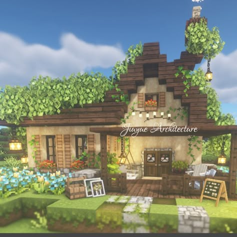 Minecraft Cottagecore Cafe, Minecraft Cafe Build, Cafe Cottagecore, Cute Minecraft Houses Cottage, Minecraft Houses Cottagecore, Minecraft Cottage Tutorial, Minecraft Beautiful House, Mincraft Idea Houses, Mincraft Idea