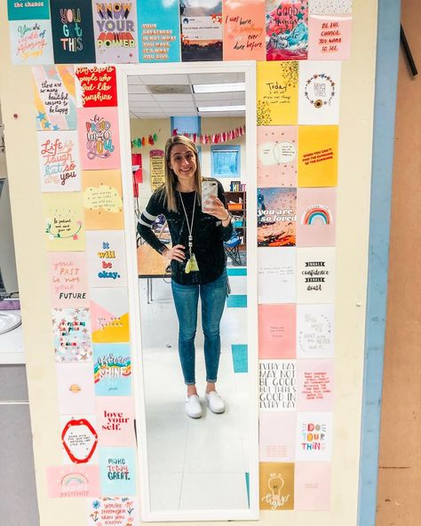 Classroom Selfie Wall, High School Affirmation Mirror, Classroom Mirror Decorations, Afirmations On Mirror Classroom, Classroom Mirror, Adventure Classroom, Affirmation Mirror, Classroom Vibes, Catholic Classroom