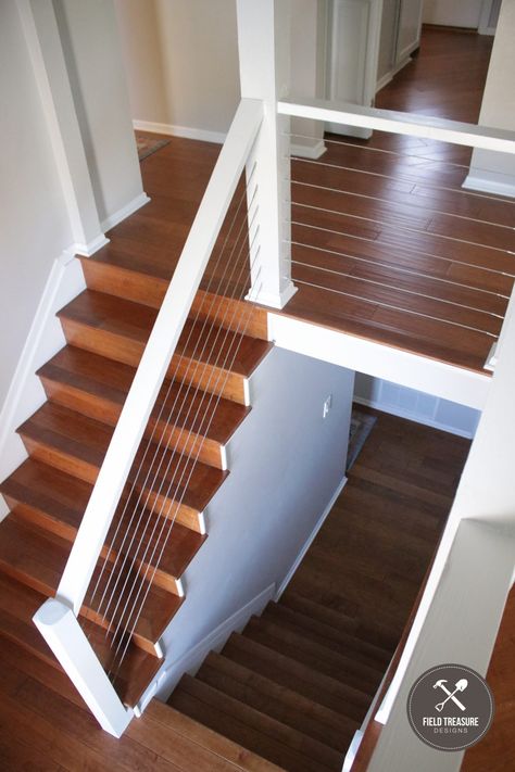 Stair Rail Alternatives, Diy Cable Railing Cheap, Diy Cable Railing Interior, Diy Cable Railing, Cable Railing Interior, Cable Railing Diy, Mafia House, Cable Stair Railing, Diy Stair Railing