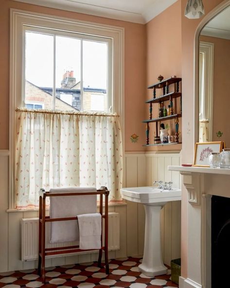 Anna Eleri | i've been looking at warm coloured bathrooms for our loft, and think @alexandratolstoy's Ointment Pink (F&B) may be just the right shade...… | Instagram English Bathroom, Alexandra Tolstoy, Palmer House, Half Curtains, Curtains Bathroom, Cozy Loft, Painted Cupboards, Bathroom Window, Colour Consultant