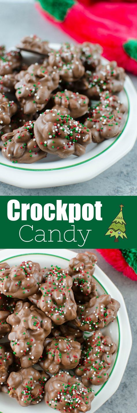 Crockpot Candy is a must make for the holiday season! It's like chocolate covered peanuts but better! Only 4 ingredients and made completely in the slow cooker. It makes a ton so it is perfect for cookie tins or holiday parties! Crock Pot Christmas, Peanut Clusters In Crockpot, Crockpot Candy Recipes, Crockpot Christmas, Crockpot Candy, Peanut Clusters, Easy Candy, Chocolate Covered Peanuts, Festive Food