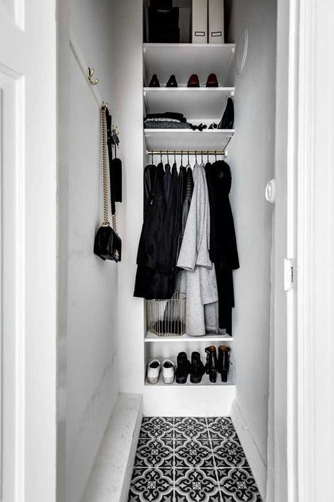 Deep Narrow Closet Ideas Bedroom, Narrow Coat Closet, Small Deep Closet, Small Coat Closet Ideas, Coat Closet Design, Long Narrow Closet, Entry Closet Ideas, Narrow Closet Design, Farmhouse Reno