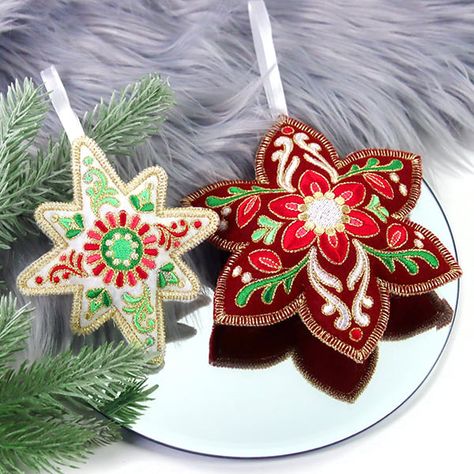 Festive Filigree Hoop Earrings Gift, Poinsettia Embroidery Pattern, Embroidered Poinsettia, Machine Embroidery Ith Christmas Tree Ornament, Vintage Sequin Ornaments, Scary Christmas, Embroidery Library, Star Ornament, Metallic Thread