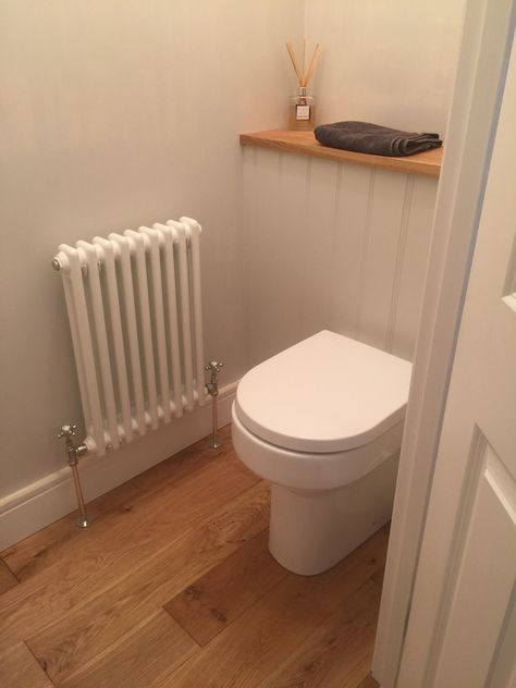 Our small downstairs cloakroom. Painted in Farrow&Ball Ammonite with English oak floor. Downstairs Toilet Wooden Floor, Country Downstairs Toilet, Babouche Farrow And Ball, Small Wc Ideas Downstairs Loo, Wc Ideas, Cloakroom Toilet, Downstairs Cloakroom, Small Downstairs Toilet, Small Toilet Room