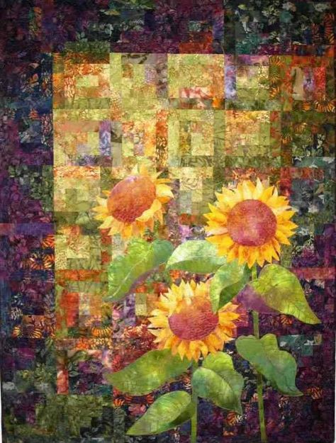 Pieced background with appliqué sunflowers! Sunflower Quilt, Watercolor Quilt, Sunflower Quilts, International Quilt Festival, Landscape Art Quilts, Appliqué Quilts, Landscape Quilt, Quilt Modernen, Flower Quilts