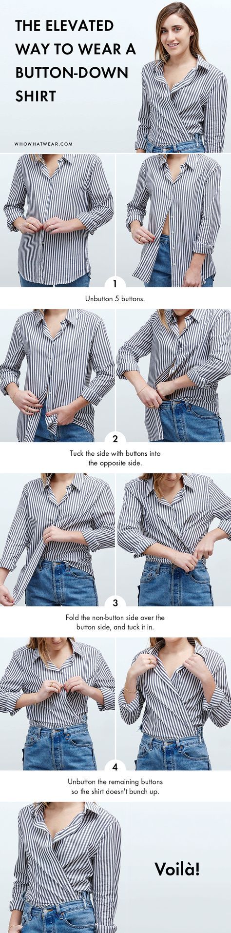 Always wear a basic button-down to work? Try this step-by-step style trick and completely elevate your usual look. Tie A Shirt, How To Wear Belts, How To Wear Shirt, Mode Tips, German Fashion, Diy Vetement, Art Culture, Fashion Hacks Clothes, Looks Chic