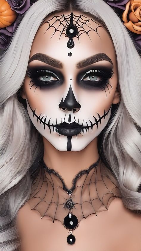 Black And White Sugar Skull Makeup, Pretty Skeleton Makeup Halloween, Half Dia De Los Muertos Makeup Ideas, Katrina Makeup La Catrina, Day Of The Dead Makeup Half Face, Skull Makeup Women, Day Of The Dead Make Up, Cute Skull Makeup, Dia De Los Muertos Makeup For Women