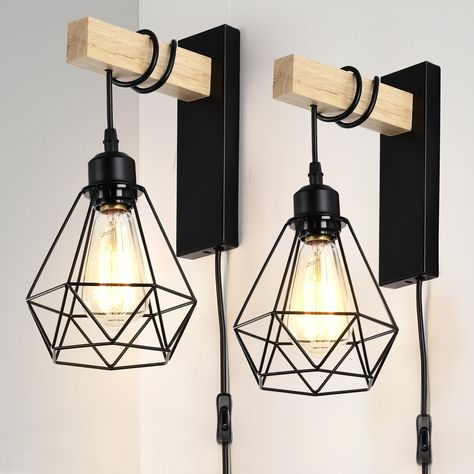 The plug in wall sconces built with durable metal and elegant design, the natural wooden color mix black add a vintage mood to your home decor atmosphere. Wall Sconces Farmhouse, Farmhouse Wall Sconces, Black Wall Lights, Plug In Wall Lights, Industrial Wall Lamp, Bedroom Light Fixtures, Black Light Fixture, Black Wall Lamps, Modern Wall Lamp