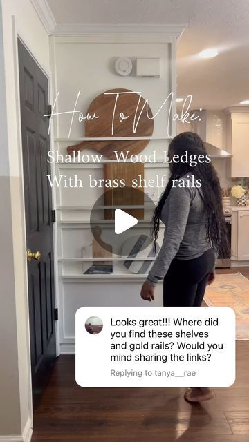 Erin Marshall on Instagram: "Save this post! How to make these shallow shelves using 1x2’s and rails from @paxton_hardware . Projects like this are the best because they are perfect for any skill l level. All boards and items from the shelves linked in my @shop.ltk . If you have any other questions leave em 👇🏿" Kate And Laurel Wall Shelf, Eyeswoon Shelves, Brass Rail Shelving Kitchen, Diy Brass Shelf Rail, Shallow Shelves, Brass Shelves, Be Perfect, Outdoor Spaces, Shelves