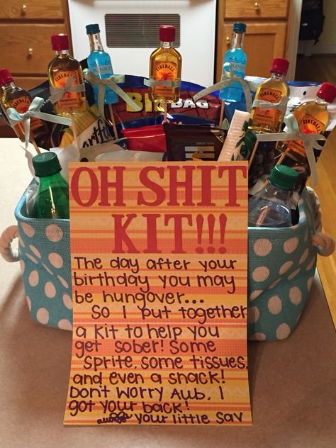 21st birthday "Oh Shit Kit" for my big!!! Birthday Goddess, Diy 21st Birthday Gifts, Birthday Checklist, 21st Birthday Diy, 21st Birthday Presents, 21st Bday Ideas, Birthday Glitter, 20th Birthday Gift, Birthday Basket