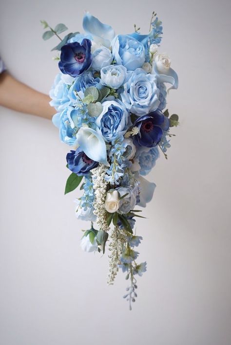 Blue Cascading Wedding Bouquets, Periwinkle Wedding Bouquet, Blue Cascade Bouquet, Light Blue Flower Bouquet, Light Blue Bouquet, Blue And White Bridal Bouquet, Wedding Bouquets Blue, Blue Wedding Flowers Bouquet, Powder Blue Wedding