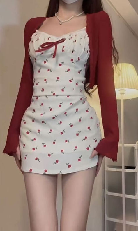 Korean valentines day outfit: red cardigan and flower mini dress Mini Dress Outfits Casual, Sweetheart Outfit, Cute Valentines Day Outfits, Valentines Day Dresses, 얼짱 소녀, Valentines Outfits, Valentine's Day Outfit, Red Outfit, Pink Outfits