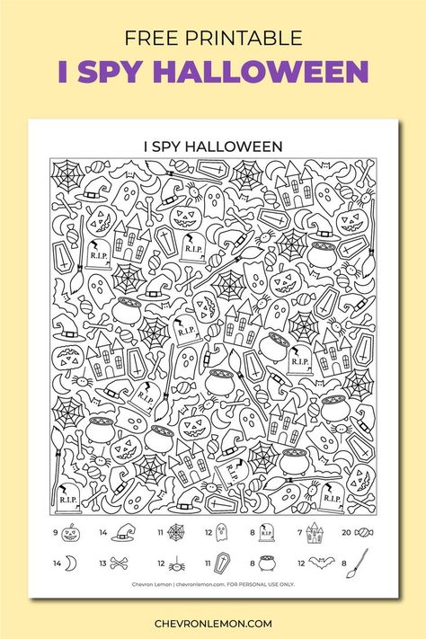 Free Printable I Spy Halloween Game for Kids. Simply download the game, print it at home, and have the kids seek and find all the ghosts, bats, websm pumpkins, and more. Follow the link for the free printable. I Spy Halloween, Free Halloween Games, Spy Halloween, Witches Brooms, Pumpkin Games, Seek And Find, Printable Games For Kids, Critical Thinking Activities, Halloween Games For Kids