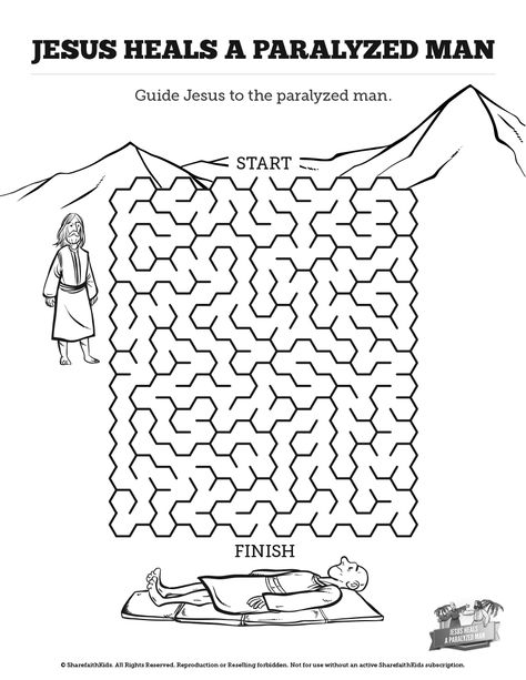 Luke 5 Jesus Heals The Paralytic Bible Mazes: Can your kids find their way through every twist and turn of this Jesus heals the paralytic Bible maze? Beautifully designed with vibrant artwork this printable Bible activity page makes the perfect compliment to your upcoming Luke 5 Sunday school lesson. Sermon On The Mount Coloring Page, Sermon On The Mount Activity, The Sermon On The Mount Craft, Sermon On The Mount For Kids Activities, The Beatitudes Printable, Sermon On The Mount For Kids, Sermon On The Mount Craft For Kids, Sermon On The Mount Craft, Beatitudes For Kids