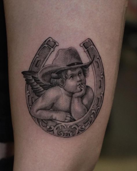 Single needle Tattoo Cowboy Cherub Tattoo, Cowboy Angel Tattoo, Cowboy Hat With Feather Tattoo, Stetson Tattoo, Cowboy Hats Tattoo, Fine Line Cherub, Skull With Cowboy Hat Tattoo, Western Tats, Western Sleeve