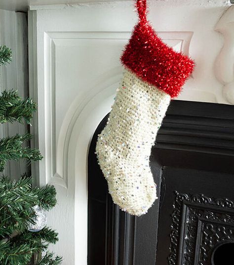 How To Make North Pole Yarn Co. Tinsel & Sparkle Night Before Stocking Online | JOANN Stocking Crochet, Knit Crochet Patterns, Crochet Throw Pattern, Crochet Lion, Free Pattern Download, Fabric Wreath, Medium Weight Yarn, Lion Brand Yarn, Crochet Throw